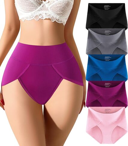 Women's High Waisted High Cut Cotton Underwear, Comfortable Full Coverage Breathable Ladies Tagless Panties 5-Pack in Saudi Arabia
