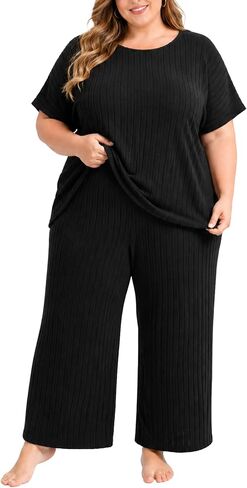 Plus Size Two Piece Summer Lounge Sets For Women Ribbed Matching Pajama Short Sleeve Tops Wide Leg Pants Outfits in Saudi Arabia