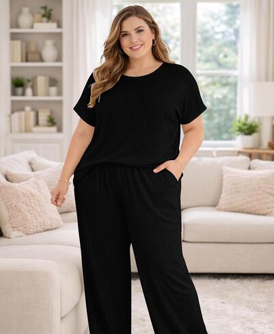 Plus Size Two Piece Summer Lounge Sets For Women Ribbed Matching Pajama Short Sleeve Tops Wide Leg Pants Outfits in Saudi Arabia