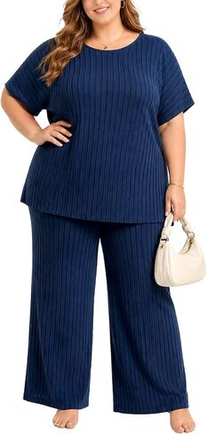 Plus Size Two Piece Summer Lounge Sets For Women Ribbed Matching Pajama Short Sleeve Tops Wide Leg Pants Outfits in Saudi Arabia