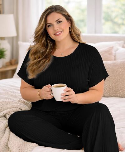 Plus Size Two Piece Summer Lounge Sets For Women Ribbed Matching Pajama Short Sleeve Tops Wide Leg Pants Outfits in Saudi Arabia