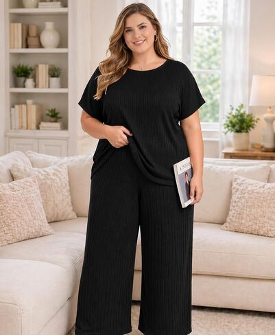 Plus Size Two Piece Summer Lounge Sets For Women Ribbed Matching Pajama Short Sleeve Tops Wide Leg Pants Outfits in Saudi Arabia