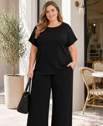Plus Size Two Piece Summer Lounge Sets For Women Ribbed Matching Pajama Short Sleeve Tops Wide Leg Pants Outfits in Saudi Arabia