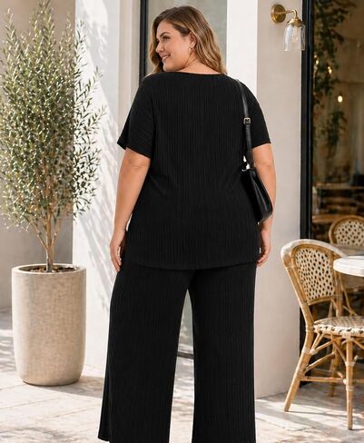 Plus Size Two Piece Summer Lounge Sets For Women Ribbed Matching Pajama Short Sleeve Tops Wide Leg Pants Outfits in Saudi Arabia