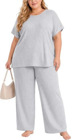 Plus Size Two Piece Summer Lounge Sets For Women Ribbed Matching Pajama Short Sleeve Tops Wide Leg Pants Outfits in Saudi Arabia