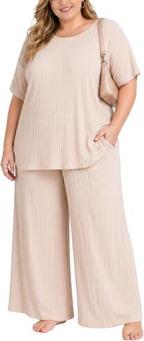 Plus Size Two Piece Summer Lounge Sets For Women Ribbed Matching Pajama Short Sleeve Tops Wide Leg Pants Outfits in Saudi Arabia