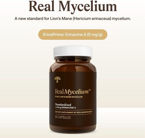 Real Mushrooms Real Mycelium – Standardized Lion’s Mane Mycelium Capsules with 5mg Erinacine A (ErinaPrime) – Pure Hericium Erinaceus Supplement for Focus, Memory, & Mental Clarity – (60 Count) in Saudi Arabia