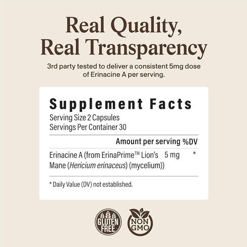 Real Mushrooms Real Mycelium – Standardized Lion’s Mane Mycelium Capsules with 5mg Erinacine A (ErinaPrime) – Pure Hericium Erinaceus Supplement for Focus, Memory, & Mental Clarity – (60 Count) in Saudi Arabia