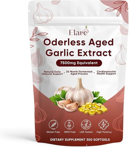 Elare Aged Garlic Extract - 300 Softgels, Odorless Garlic Supplement, 2-Year Matured, Supports Heart Health, Immune System & Antioxidant Wellness, Vegetarian, Non-GMO, All-Natural, Gluten-Free in Saudi Arabia