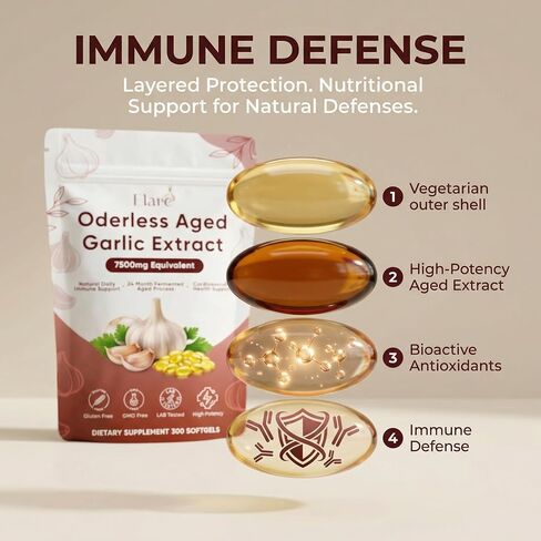 Elare Aged Garlic Extract - 300 Softgels, Odorless Garlic Supplement, 2-Year Matured, Supports Heart Health, Immune System & Antioxidant Wellness, Vegetarian, Non-GMO, All-Natural, Gluten-Free in Saudi Arabia