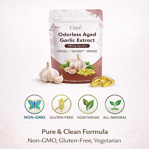 Elare Aged Garlic Extract - 300 Softgels, Odorless Garlic Supplement, 2-Year Matured, Supports Heart Health, Immune System & Antioxidant Wellness, Vegetarian, Non-GMO, All-Natural, Gluten-Free in Saudi Arabia