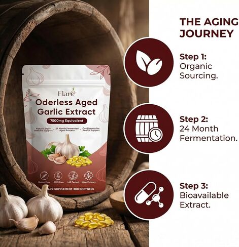 Elare Aged Garlic Extract - 300 Softgels, Odorless Garlic Supplement, 2-Year Matured, Supports Heart Health, Immune System & Antioxidant Wellness, Vegetarian, Non-GMO, All-Natural, Gluten-Free in Saudi Arabia