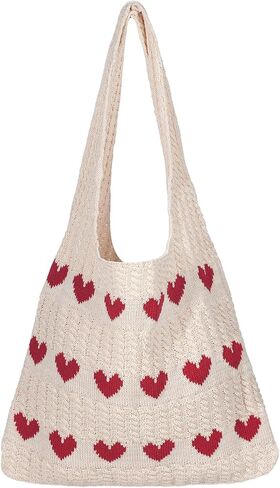 Crochet Tote Bag, Packable Beach Bag Summer Purse, Red Heart Shoulder Handbag, Cute Tote Bag Boho Purse for Vacation Daily Use | Foldable in Saudi Arabia