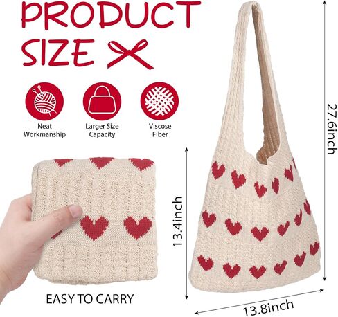 Crochet Tote Bag, Packable Beach Bag Summer Purse, Red Heart Shoulder Handbag, Cute Tote Bag Boho Purse for Vacation Daily Use | Foldable in Saudi Arabia