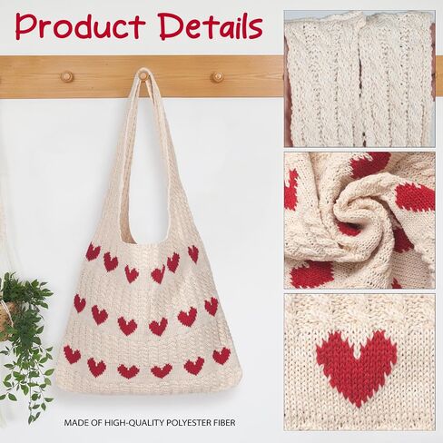 Crochet Tote Bag, Packable Beach Bag Summer Purse, Red Heart Shoulder Handbag, Cute Tote Bag Boho Purse for Vacation Daily Use | Foldable in Saudi Arabia