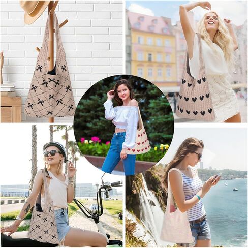 Crochet Tote Bag, Packable Beach Bag Summer Purse, Red Heart Shoulder Handbag, Cute Tote Bag Boho Purse for Vacation Daily Use | Foldable in Saudi Arabia