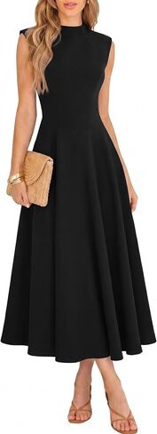 Womens Summer Sleeveless Maxi Dress Elegant Fitted Mock Neck with Flowy Flare Hem for Cocktail Wedding Guest Vacation in Saudi Arabia