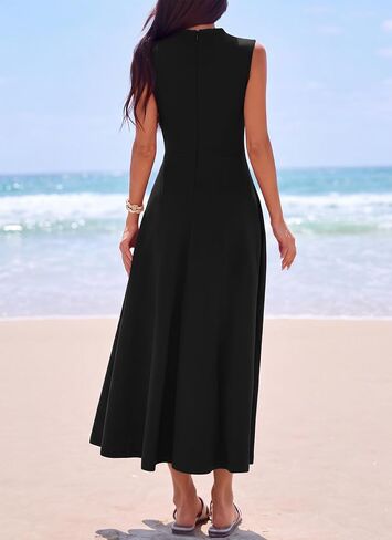 Womens Summer Sleeveless Maxi Dress Elegant Fitted Mock Neck with Flowy Flare Hem for Cocktail Wedding Guest Vacation in Saudi Arabia