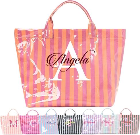 Personalized Beach Tote Bag, Custom Name Embroidery Waterproof Striped Summer Tote, Extra Large Capacity, Shopping & Travel PVC Handbag for Women, Monogrammed Gift for Mom Bridesmaid Birthday. in Saudi Arabia
