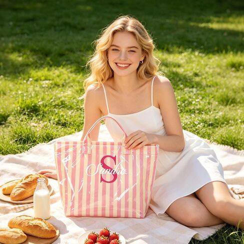 Personalized Beach Tote Bag, Custom Name Embroidery Waterproof Striped Summer Tote, Extra Large Capacity, Shopping & Travel PVC Handbag for Women, Monogrammed Gift for Mom Bridesmaid Birthday. in Saudi Arabia