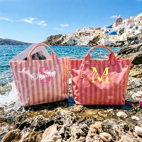 Personalized Beach Tote Bag, Custom Name Embroidery Waterproof Striped Summer Tote, Extra Large Capacity, Shopping & Travel PVC Handbag for Women, Monogrammed Gift for Mom Bridesmaid Birthday. in Saudi Arabia