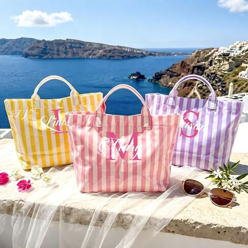 Personalized Beach Tote Bag, Custom Name Embroidery Waterproof Striped Summer Tote, Extra Large Capacity, Shopping & Travel PVC Handbag for Women, Monogrammed Gift for Mom Bridesmaid Birthday. in Saudi Arabia