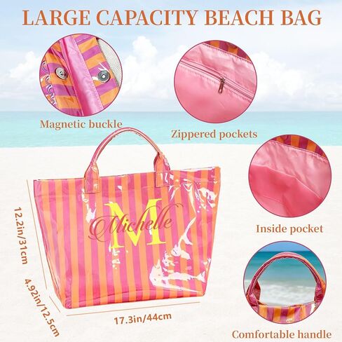 Personalized Beach Tote Bag, Custom Name Embroidery Waterproof Striped Summer Tote, Extra Large Capacity, Shopping & Travel PVC Handbag for Women, Monogrammed Gift for Mom Bridesmaid Birthday. in Saudi Arabia