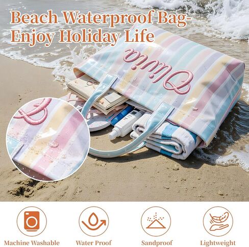Personalized Beach Tote Bag, Custom Name Embroidery Waterproof Striped Summer Tote, Extra Large Capacity, Shopping & Travel PVC Handbag for Women, Monogrammed Gift for Mom Bridesmaid Birthday. in Saudi Arabia
