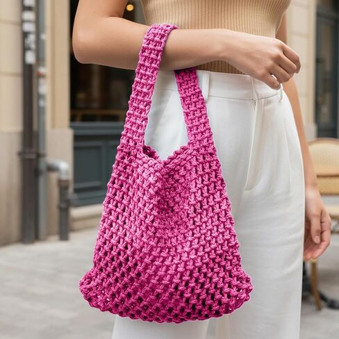 Woven Net Bucket Bag for Women, Cotton Rope Crochet Handheld Tote Handbag, Beach Bag for Daily Use and Outings in Kuwait