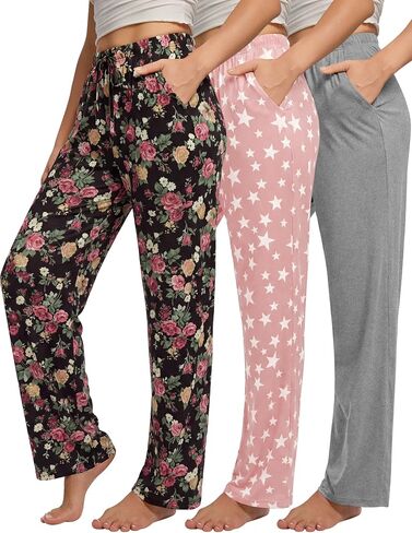 3 Pack Womens Comfy Pajama Pants, Sleep & Lounge Pants with Pockets and Drawstring in Saudi Arabia