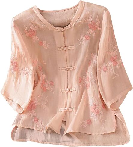 Chinese Traditional Suit Blouse for Women Floral Embroidery 3/4 Sleeve Shirts Frog Button Tops Hanfu Cheongsam in Saudi Arabia