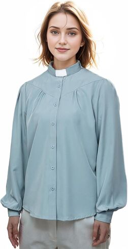 Clergy Clerical Shirt for Women Priest Shirts Long Sleeve Button Down Ministers Blouse Casual Tops with Tab Collar in Saudi Arabia