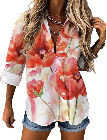 Watercolor Poppies Floral Women Button Down Shirt Casual Long Sleeve Smooth No See-Through Shirt Irregular Hem Blouses in Kuwait