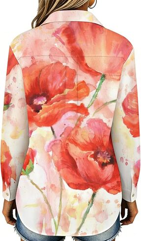 Watercolor Poppies Floral Women Button Down Shirt Casual Long Sleeve Smooth No See-Through Shirt Irregular Hem Blouses in Kuwait