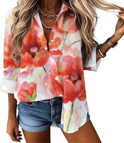 Watercolor Poppies Floral Women Button Down Shirt Casual Long Sleeve Smooth No See-Through Shirt Irregular Hem Blouses in Kuwait