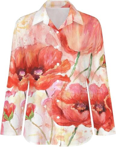 Watercolor Poppies Floral Women Button Down Shirt Casual Long Sleeve Smooth No See-Through Shirt Irregular Hem Blouses in Kuwait