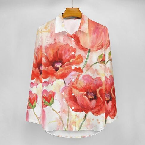 Watercolor Poppies Floral Women Button Down Shirt Casual Long Sleeve Smooth No See-Through Shirt Irregular Hem Blouses in Kuwait
