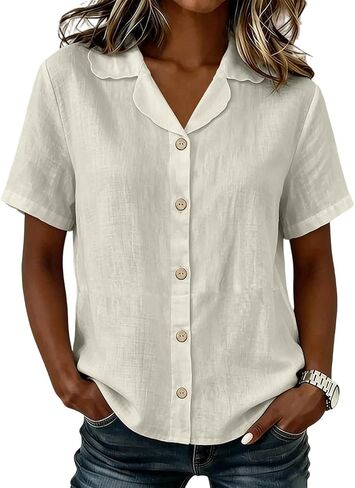 Scallop Collar Shirts for Women Cotton Button Front Short Sleeve Blouses Summer Tops for Office Lunch Casual Wear in Saudi Arabia