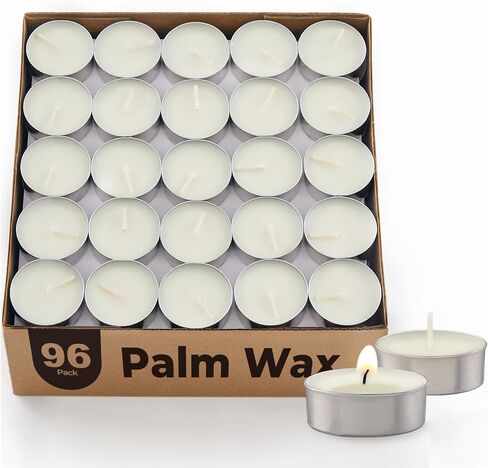 Ashlux Palm Tea Lights Candles 96 Pack, Non-Paraffin Unscented 4H Burn Time | Smokeless plant-based wax in aluminum cups. Perfect for weddings, centerpieces & holiday decor. Long-lasting clean burn in Kuwait