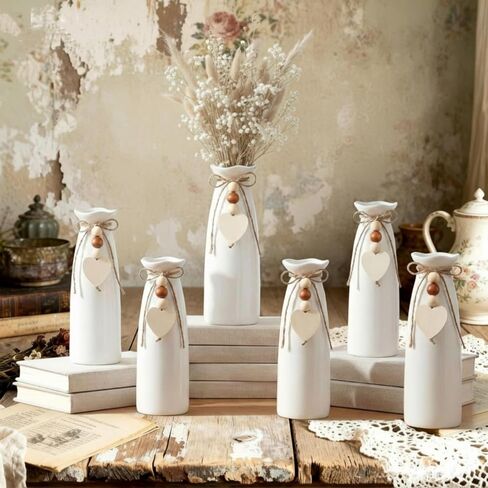 6 Pack 8 Inch Ceramic Vase Set with Jute Rope & Heart Charm, Vases for Centerpiece White Small Decorative Vase for Bohemian Home Decoration Modern Flower Vases for Gift Room Bedroom Office in Saudi Arabia