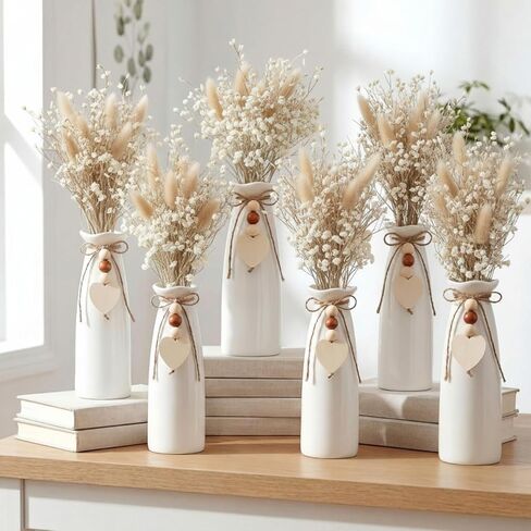 6 Pack 8 Inch Ceramic Vase Set with Jute Rope & Heart Charm, Vases for Centerpiece White Small Decorative Vase for Bohemian Home Decoration Modern Flower Vases for Gift Room Bedroom Office in Saudi Arabia
