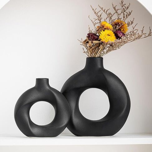 Donut Ceramic Vase Set of 2,Nordic Modern,Hollow,Decorative Ceramic Aesthetic Flower Vase for Home Decor Table Centerpiece Wedding Dining Living Room Office Bookshelf (White) in Saudi Arabia