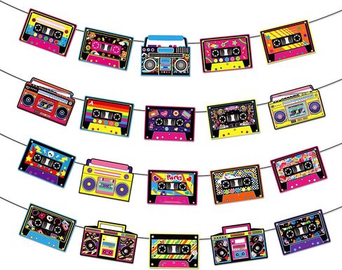 4 Pcs Tape Recorder Themed Party Banners, Retro-Style Hanging Indoor/Outdoor Holiday Banners, Decorations for Various Festive Events in Saudi Arabia