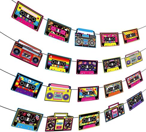 4 Pcs Tape Recorder Themed Party Banners, Retro-Style Hanging Indoor/Outdoor Holiday Banners, Decorations for Various Festive Events in Saudi Arabia