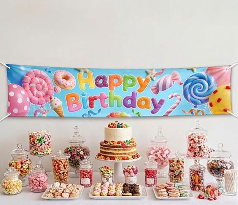 Candy Theme Happy Birthday Banner, Colorful Sweet Dessert Backdrop with Ice Cream and Donut, Large Fabric Party Sign for Indoor Outdoor Decoration, 78.7 x 17.7 Inches in Kuwait