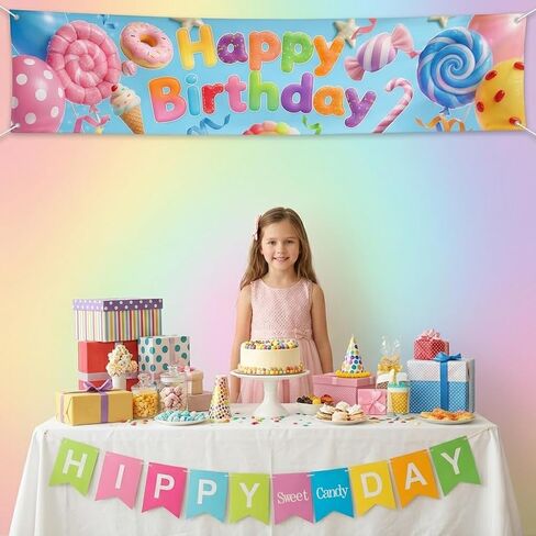 Candy Theme Happy Birthday Banner, Colorful Sweet Dessert Backdrop with Ice Cream and Donut, Large Fabric Party Sign for Indoor Outdoor Decoration, 78.7 x 17.7 Inches in Kuwait