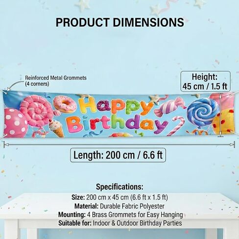 Candy Theme Happy Birthday Banner, Colorful Sweet Dessert Backdrop with Ice Cream and Donut, Large Fabric Party Sign for Indoor Outdoor Decoration, 78.7 x 17.7 Inches in Kuwait