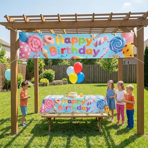 Candy Theme Happy Birthday Banner, Colorful Sweet Dessert Backdrop with Ice Cream and Donut, Large Fabric Party Sign for Indoor Outdoor Decoration, 78.7 x 17.7 Inches in Kuwait