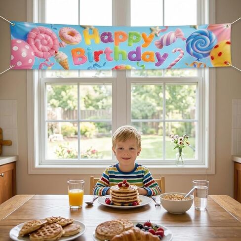 Candy Theme Happy Birthday Banner, Colorful Sweet Dessert Backdrop with Ice Cream and Donut, Large Fabric Party Sign for Indoor Outdoor Decoration, 78.7 x 17.7 Inches in Kuwait