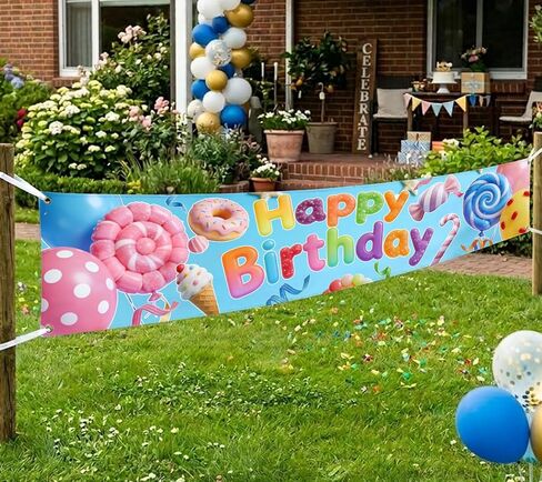 Candy Theme Happy Birthday Banner, Colorful Sweet Dessert Backdrop with Ice Cream and Donut, Large Fabric Party Sign for Indoor Outdoor Decoration, 78.7 x 17.7 Inches in Kuwait